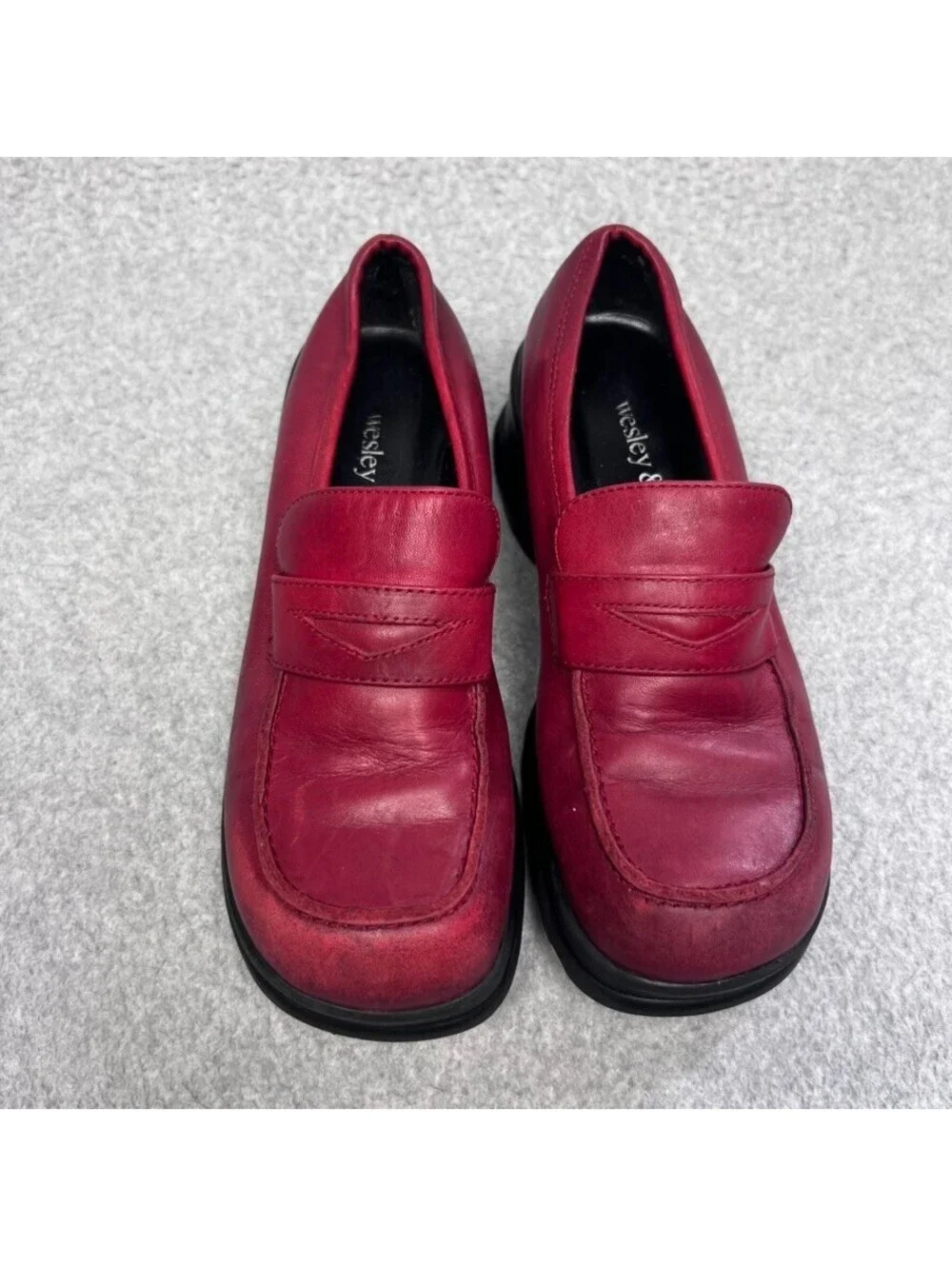 Wesley Co Vintage 90s Dark Academia Chunky Platform Loafers Red Leather 5 Grunge
